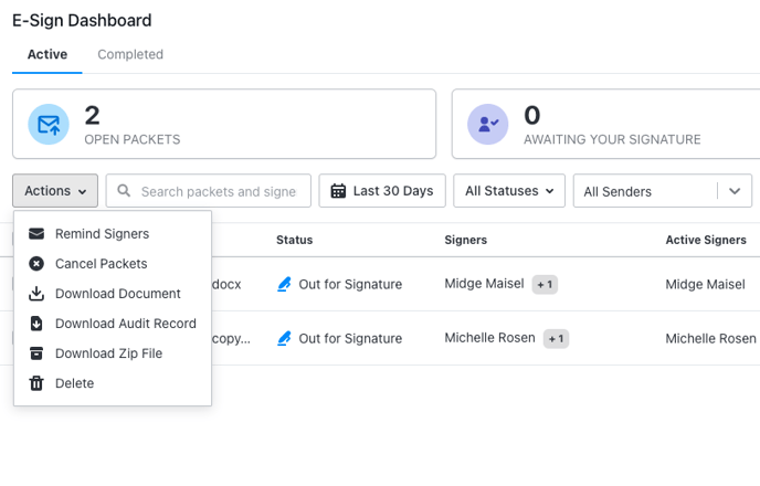 Bulk Esign Dashboard Actions