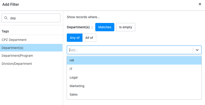 Dropdown tag filter [ex: departments]